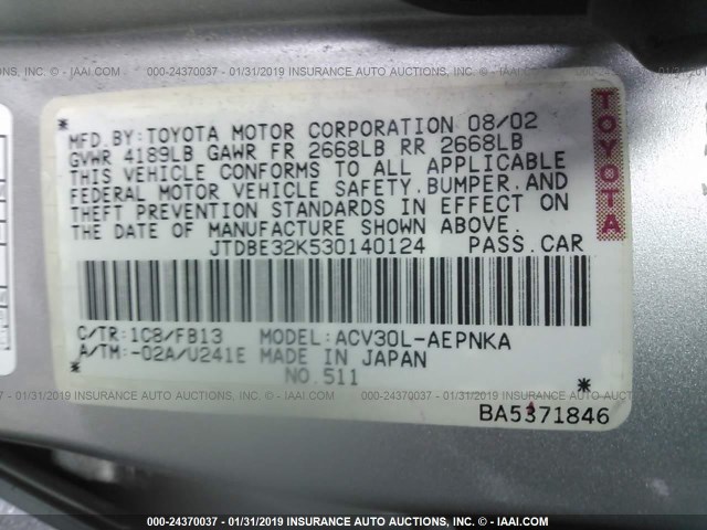 JTDBE32K530140124 - 2003 TOYOTA CAMRY LE/XLE SILVER photo 9
