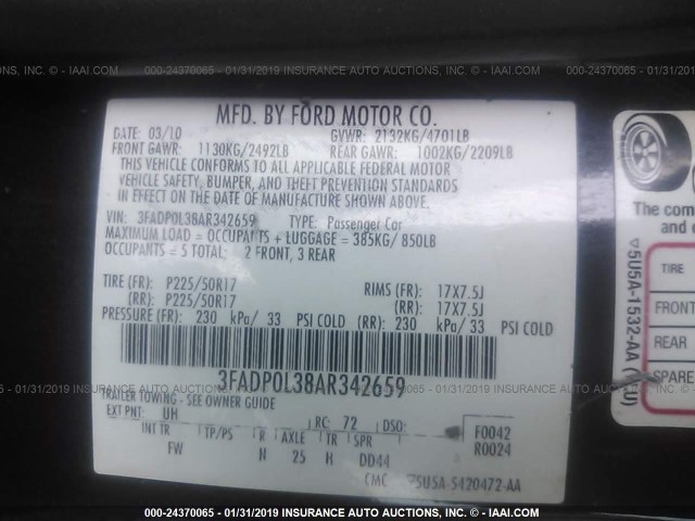 3FADP0L38AR342659 - 2010 FORD FUSION HYBRID BLACK photo 9