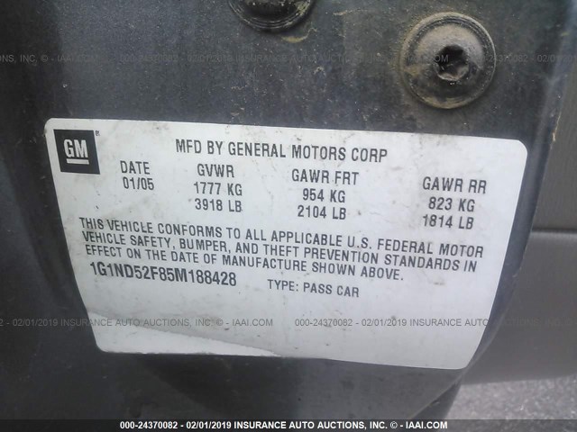 1G1ND52F85M188428 - 2005 CHEVROLET CLASSIC GRAY photo 9