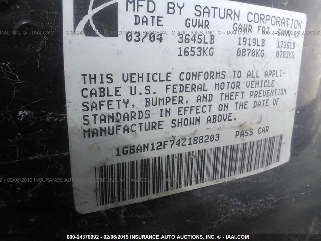 1G8AN12F74Z188203 - 2004 SATURN ION LEVEL 2 SILVER photo 9