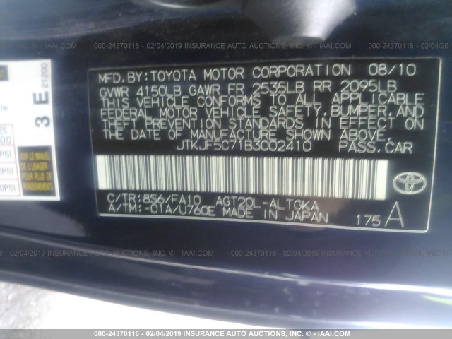JTKJF5C71B3002410 - 2011 TOYOTA SCION TC BLUE photo 9