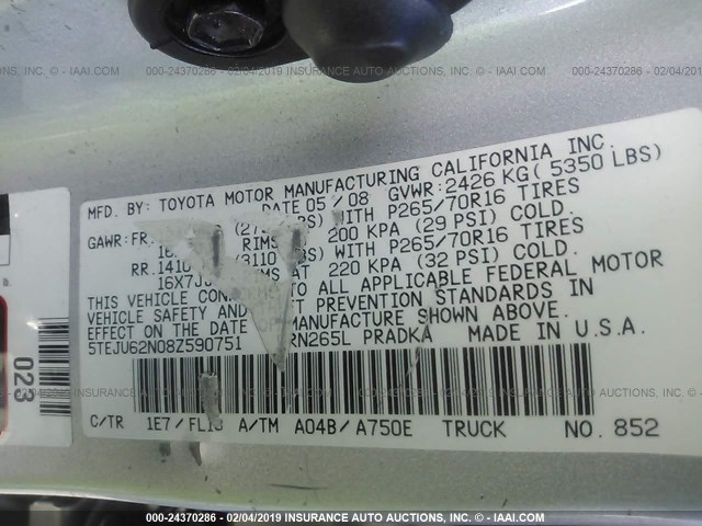 5TEJU62N08Z590751 - 2008 TOYOTA TACOMA DOUBLE CAB PRERUNNER SILVER photo 9