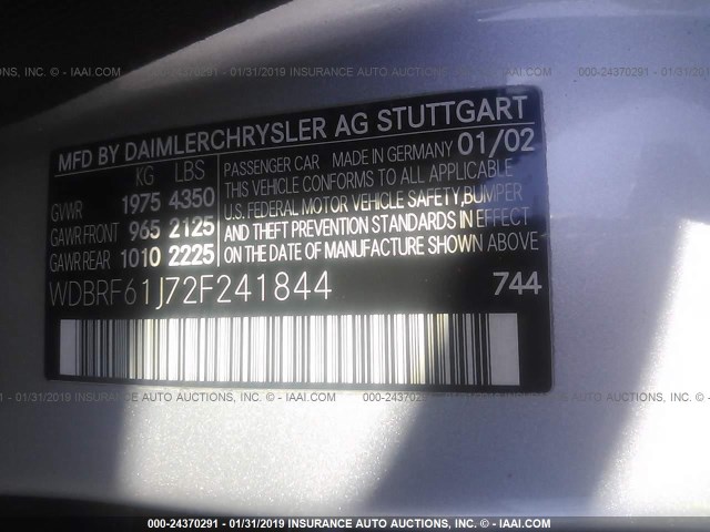 WDBRF61J72F241844 - 2002 MERCEDES-BENZ C 240 SILVER photo 9