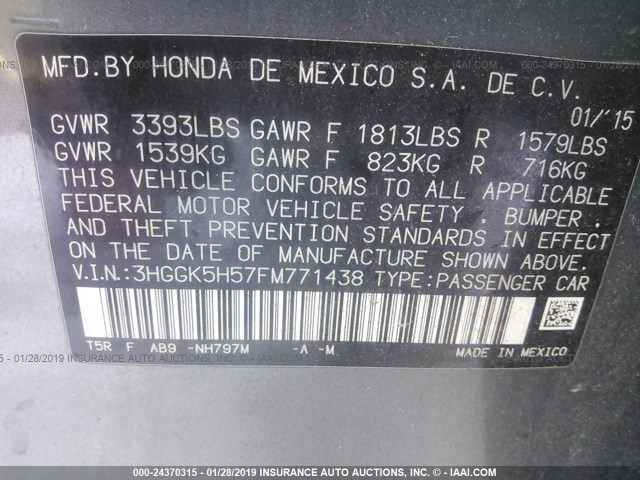 3HGGK5H57FM771438 - 2015 HONDA FIT LX GRAY photo 9