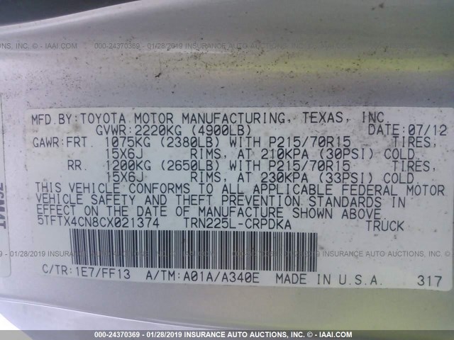 5TFTX4CN8CX021374 - 2012 TOYOTA TACOMA ACCESS CAB ვერცხლისფერი ფოტო 9