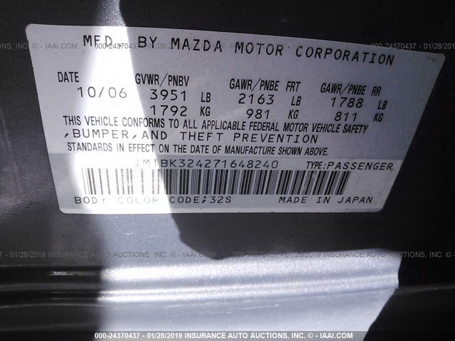 JM1BK324271648240 - 2007 MAZDA 3 S GRAY photo 9