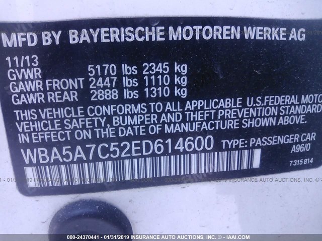 WBA5A7C52ED614600 - 2014 BMW 528 XI WHITE photo 9