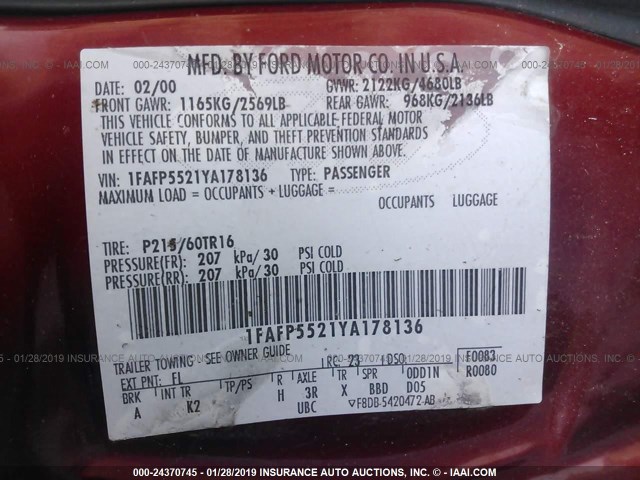 1FAFP5521YA178136 - 2000 FORD TAURUS SES RED photo 9