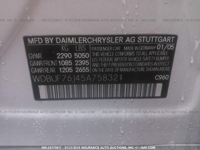 WDBUF76J45A758321 - 2005 MERCEDES-BENZ E 55 AMG WHITE photo 9