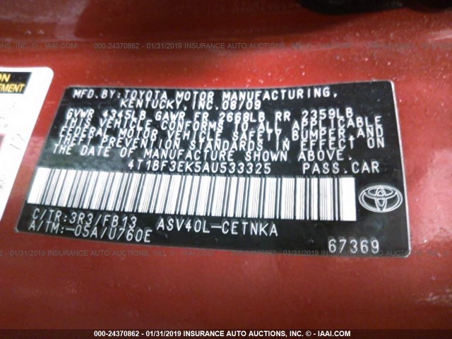 4T1BF3EK5AU533325 - 2010 TOYOTA CAMRY SE/LE/XLE 红色 照片 9