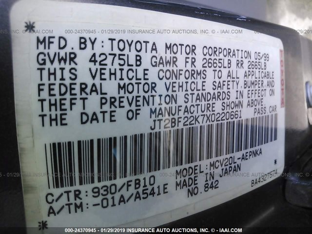 JT2BF22K7X0220661 - 1999 TOYOTA CAMRY LE/XLE Сұр фото 9