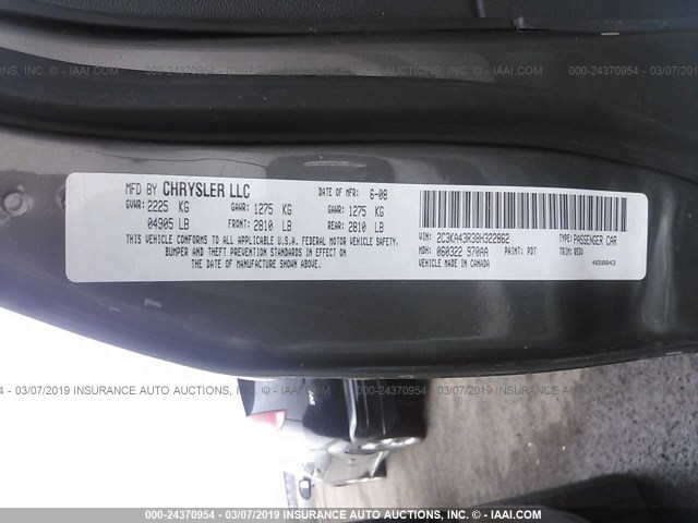 2C3KA43R38H322862 - 2008 CHRYSLER 300 GRAY photo 9