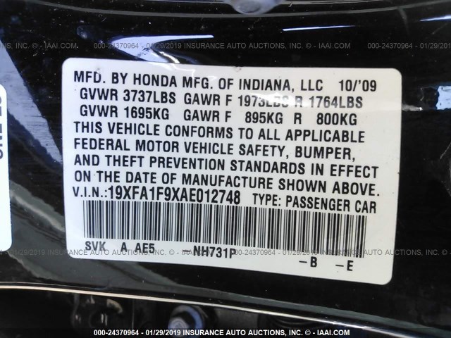 19XFA1F9XAE012748 - 2010 HONDA CIVIC EXL BLACK photo 9