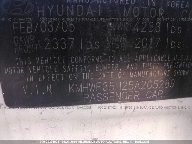 KMHWF35H25A205289 - 2005 HYUNDAI SONATA GLS/LX WHITE photo 9