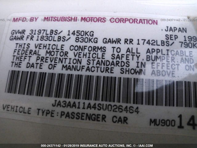 JA3AA11A4SU026464 - 1995 MITSUBISHI MIRAGE S WHITE photo 9