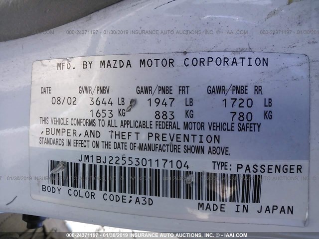 JM1BJ225530117104 - 2003 MAZDA PROTEGE DX/LX/ES WHITE photo 9