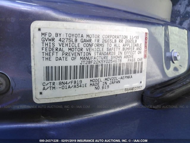 JT2BF22K5Y0254678 - 2000 TOYOTA CAMRY CE/LE/XLE BLUE photo 9