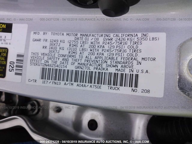 5TEKU72N48Z540154 - 2008 TOYOTA TACOMA DBL CAB PRERUNNER LNG BED ნაცრისფერი ფოტო 9