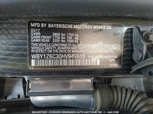 WBY1Z6C30HV949855 - 2017 BMW I3 BEV BLACK photo 9