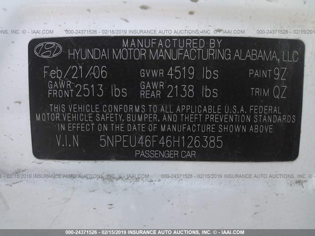 5NPEU46F46H126385 - 2006 HYUNDAI SONATA GLS/LX WHITE photo 9