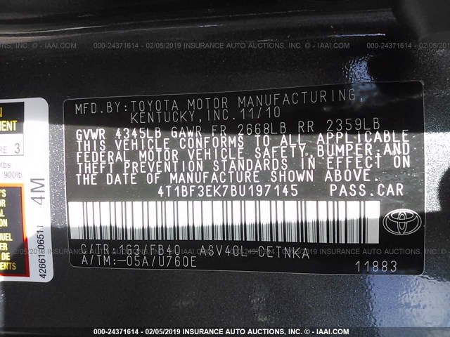 4T1BF3EK7BU197145 - 2011 TOYOTA CAMRY SE/LE/XLE 灰色 照片 9