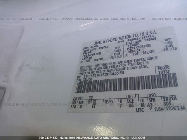 1FTYR10U72PB65555 - 2002 FORD RANGER WHITE photo 9