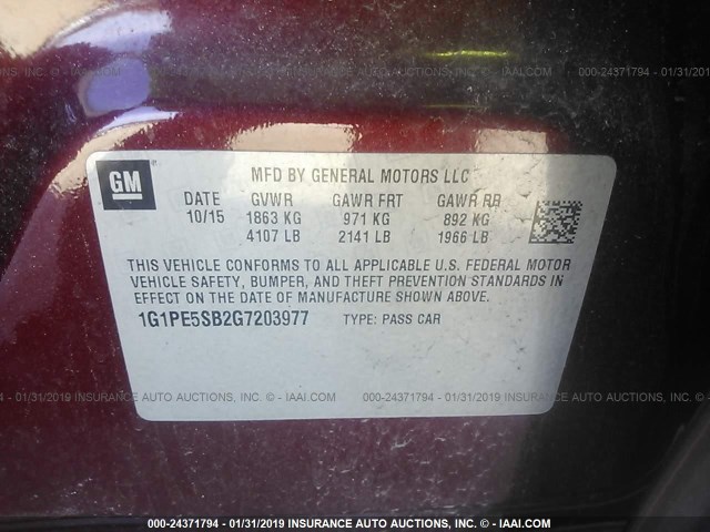 1G1PE5SB2G7203977 - 2016 CHEVROLET CRUZE LIMITED LT RED photo 9