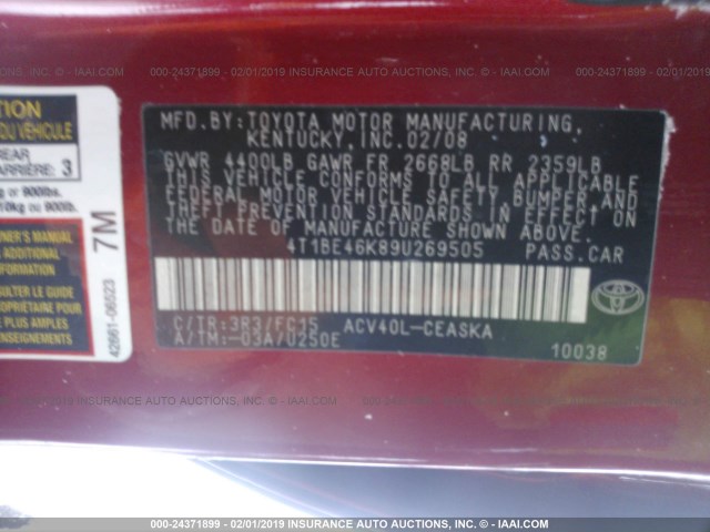 4T1BE46K89U269505 - 2009 TOYOTA CAMRY SE/LE/XLE 红色 照片 5