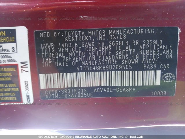 4T1BE46K89U269505 - 2009 TOYOTA CAMRY SE/LE/XLE 红色 照片 9