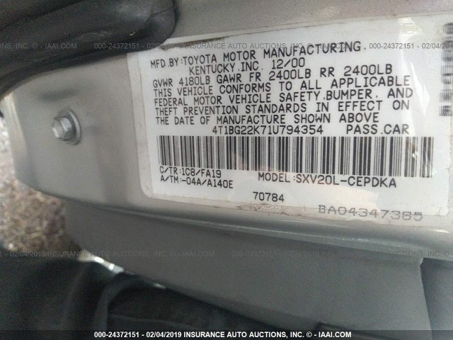 4T1BG22K71U794354 - 2001 TOYOTA CAMRY CE/LE/XLE SILVER photo 9