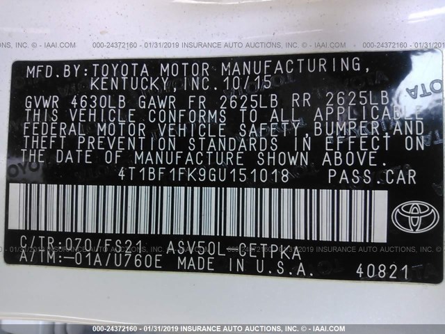 4T1BF1FK9GU151018 - 2016 TOYOTA CAMRY LE/XLE/SE/XSE 白色 照片 9