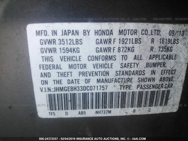 JHMGE8H33DC071757 - 2013 HONDA FIT GRAY photo 9