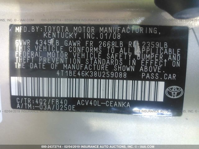 4T1BE46K38U259088 - 2008 TOYOTA CAMRY CE/LE/XLE/SE BEIGE photo 9