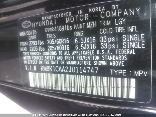 KM8K1CAA2JU114747 - 2018 HYUNDAI KONA SE BLACK photo 9