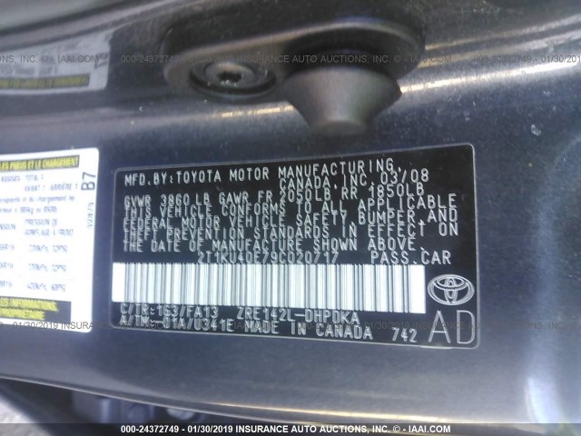 2T1KU40E79C020717 - 2009 TOYOTA COROLLA MATRIX  GRAY photo 9