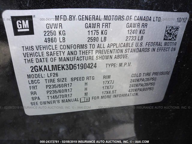 2GKALMEK3D6190424 - 2013 GMC TERRAIN SLE BLACK photo 9