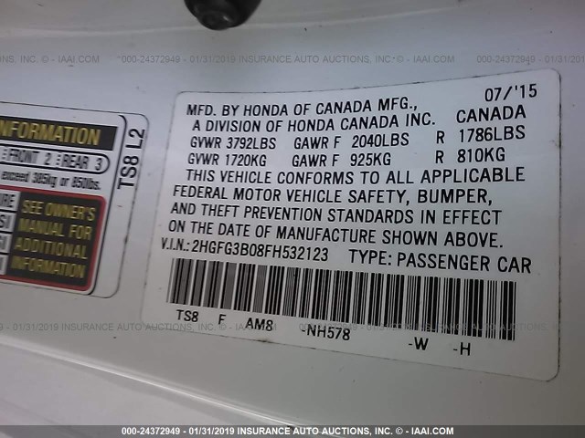 2HGFG3B08FH532123 - 2015 HONDA CIVIC EXL Ağ foto 9