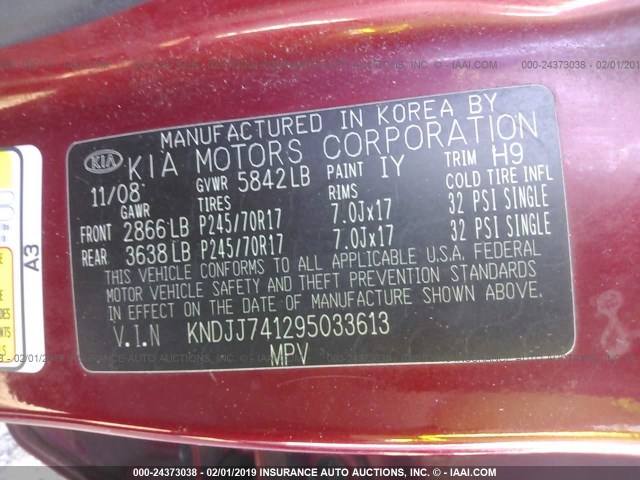 KNDJJ741295033613 - 2009 KIA BORREGO LX/EX RED photo 9