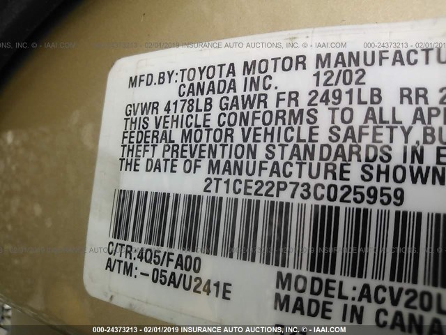 2T1CE22P73C025959 - 2003 TOYOTA CAMRY SOLARA SE GOLD photo 9