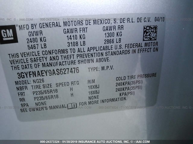 3GYFNAEY9AS627476 - 2010 CADILLAC SRX LUXURY COLLECTION GRAY photo 9