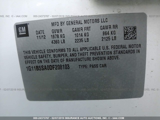 1G11B5SA0DF208103 - 2013 CHEVROLET MALIBU LS WHITE photo 9