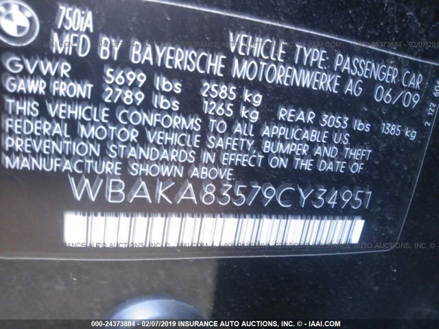 WBAKA83579CY34951 - 2009 BMW 750 I BLACK photo 9