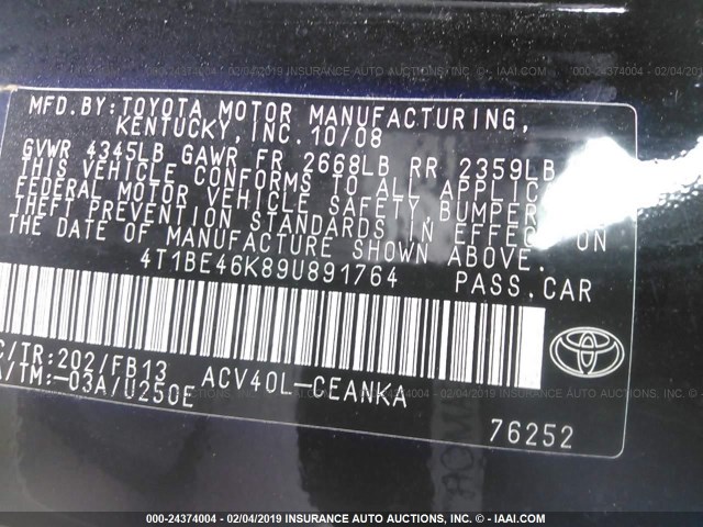 4T1BE46K89U891764 - 2009 TOYOTA CAMRY SE/LE/XLE 黑色 照片 9