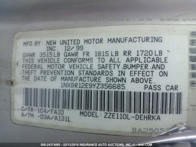 1NXBR12E9YZ356685 - 2000 TOYOTA COROLLA VE/CE/LE SILVER photo 9