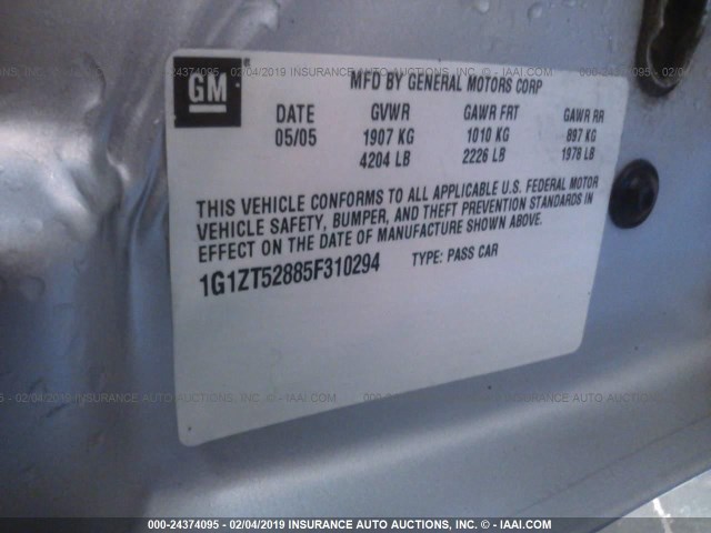 1G1ZT52885F310294 - 2005 CHEVROLET MALIBU LS SILVER photo 9