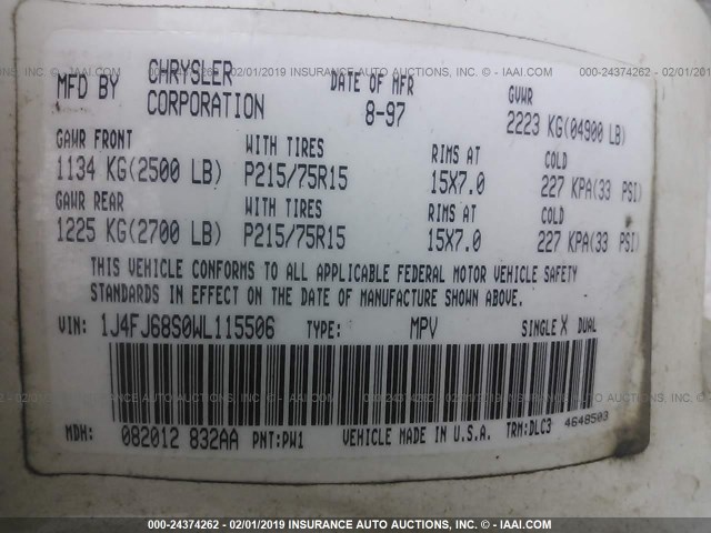 1J4FJ68S0WL115506 - 1998 JEEP CHEROKEE SPORT/CLASSIC თეთრი ფოტო 9