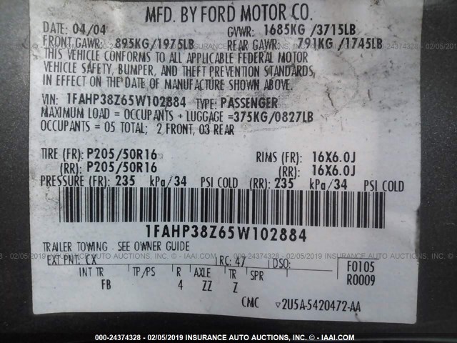 1FAHP38Z65W102884 - 2005 FORD FOCUS ZX4 ST GRAY photo 9