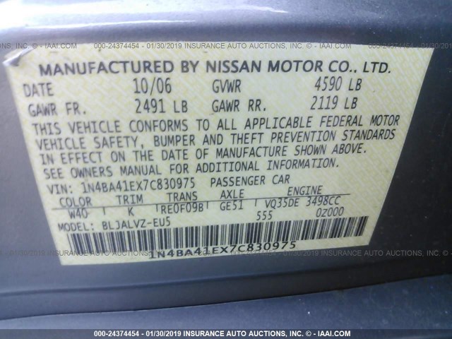 1N4BA41EX7C830975 - 2007 NISSAN MAXIMA SE/SL GRAY photo 9