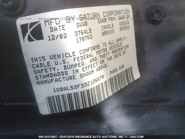 1G8AL52F33Z126678 - 2003 SATURN ION LEVEL 3 GREEN photo 9