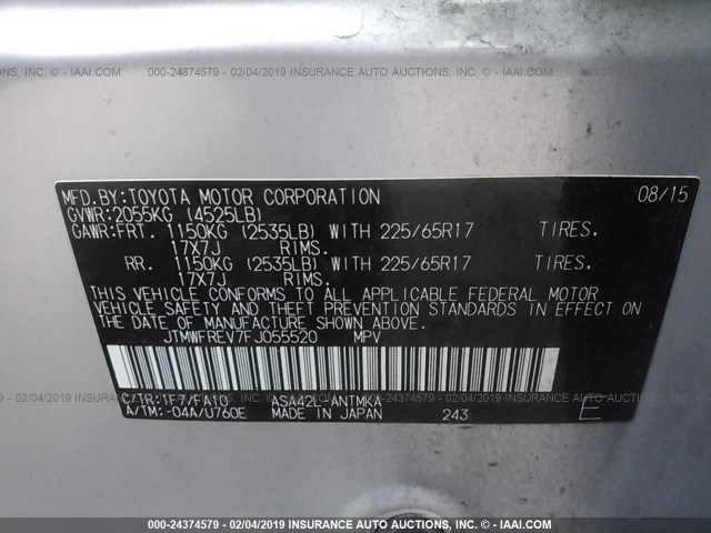 JTMWFREV7FJ055520 - 2015 TOYOTA RAV4 XLE ვერცხლისფერი ფოტო 9